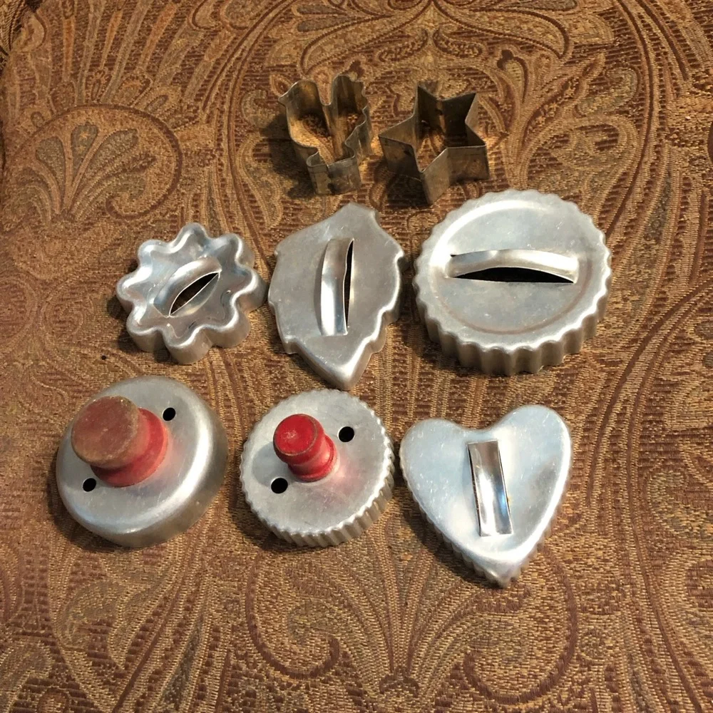 Aluminum Cookie Cutters and Press Set - Silver with Red Accents